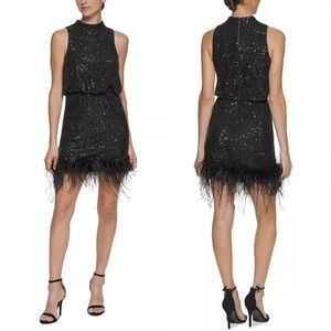 NWT Eliza J Feather-Hem Sequin Dress